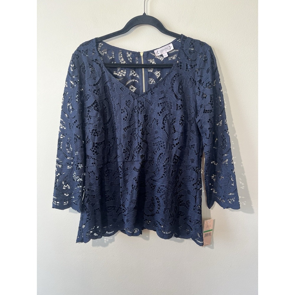 Nanette‎ Lepore Women L 3/4 Sleeves Lace Blouse Zip Back  Blue Lined Fitted New